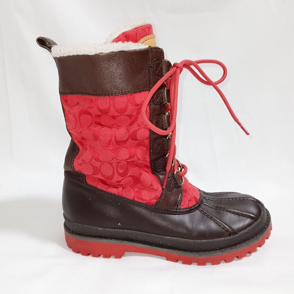 Coach Women's Laura Boots Size 6B Red And Brown Logo Sherpa Lined Lace Up - Picture 4 of 9